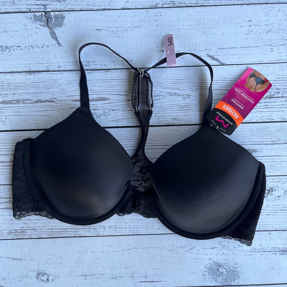 Maidenform Smoothing Racerback Front Close Bra Black Lace SmartZone Cups 34D NWT
